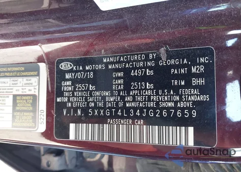 2018 Kia Optima Lx z USA, uszkodzony, nr VIN 5XXGT4L34JG267659